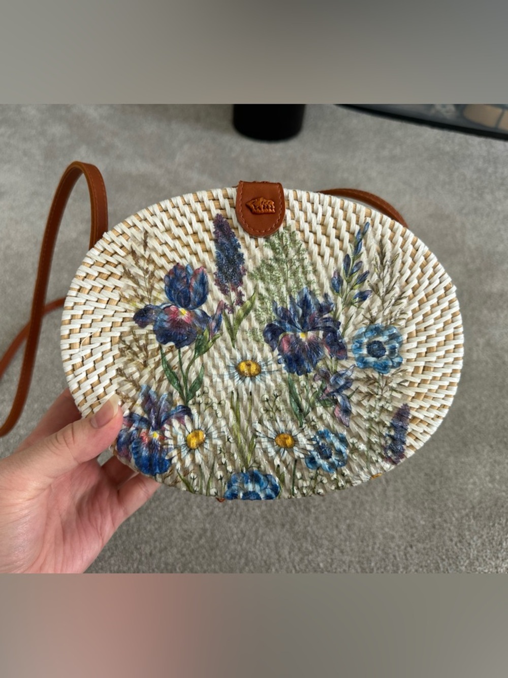 Woven Round Straw Crossbody Bag with Blue Floral